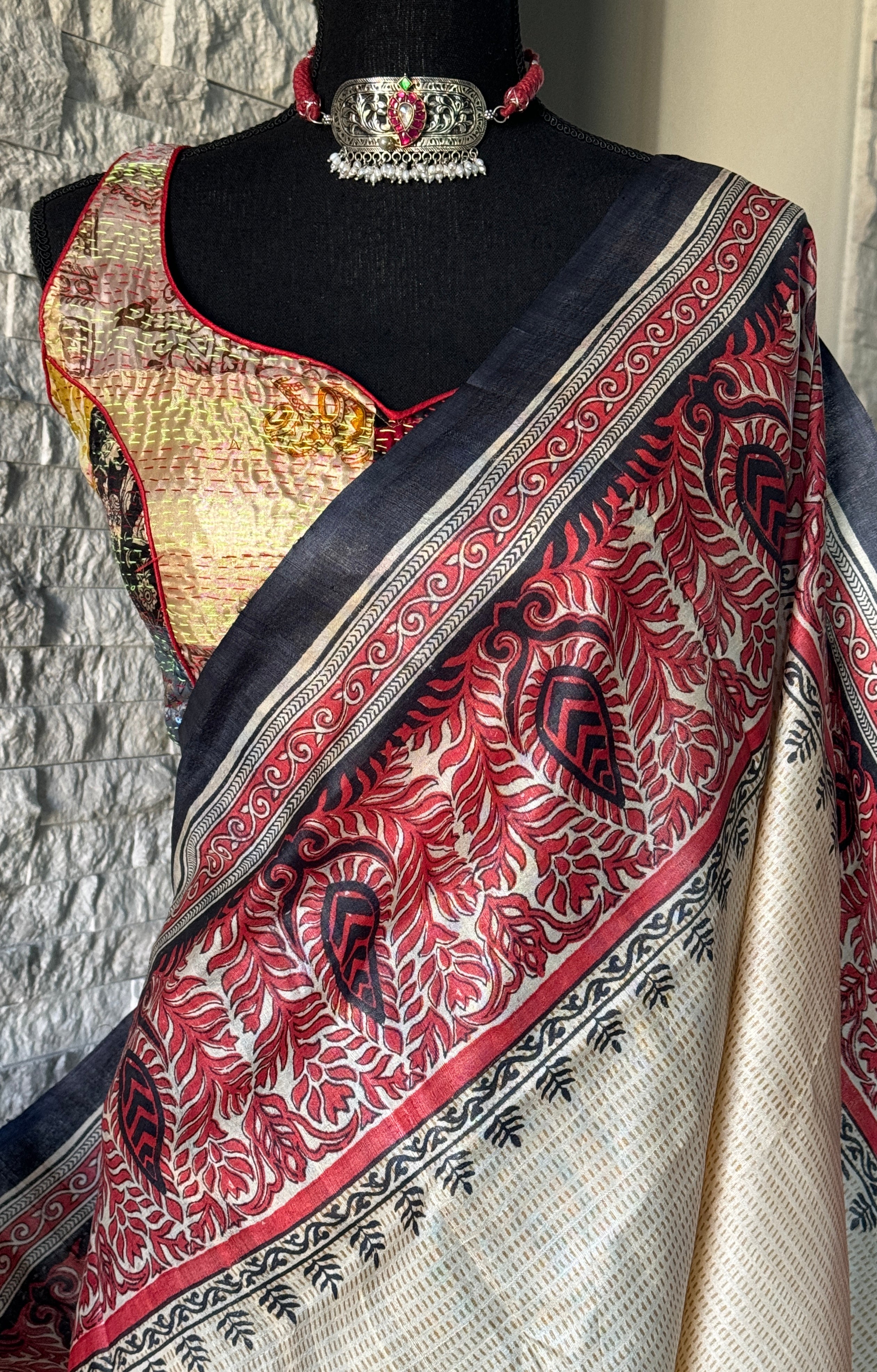 Pure Tussar Silk - Cream Black Red