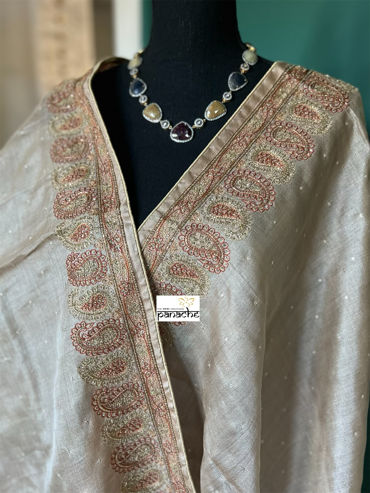 Pure Tussar Silk - Beige Embroidered