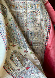 Pure Tussar Silk - Beige Worli Printed