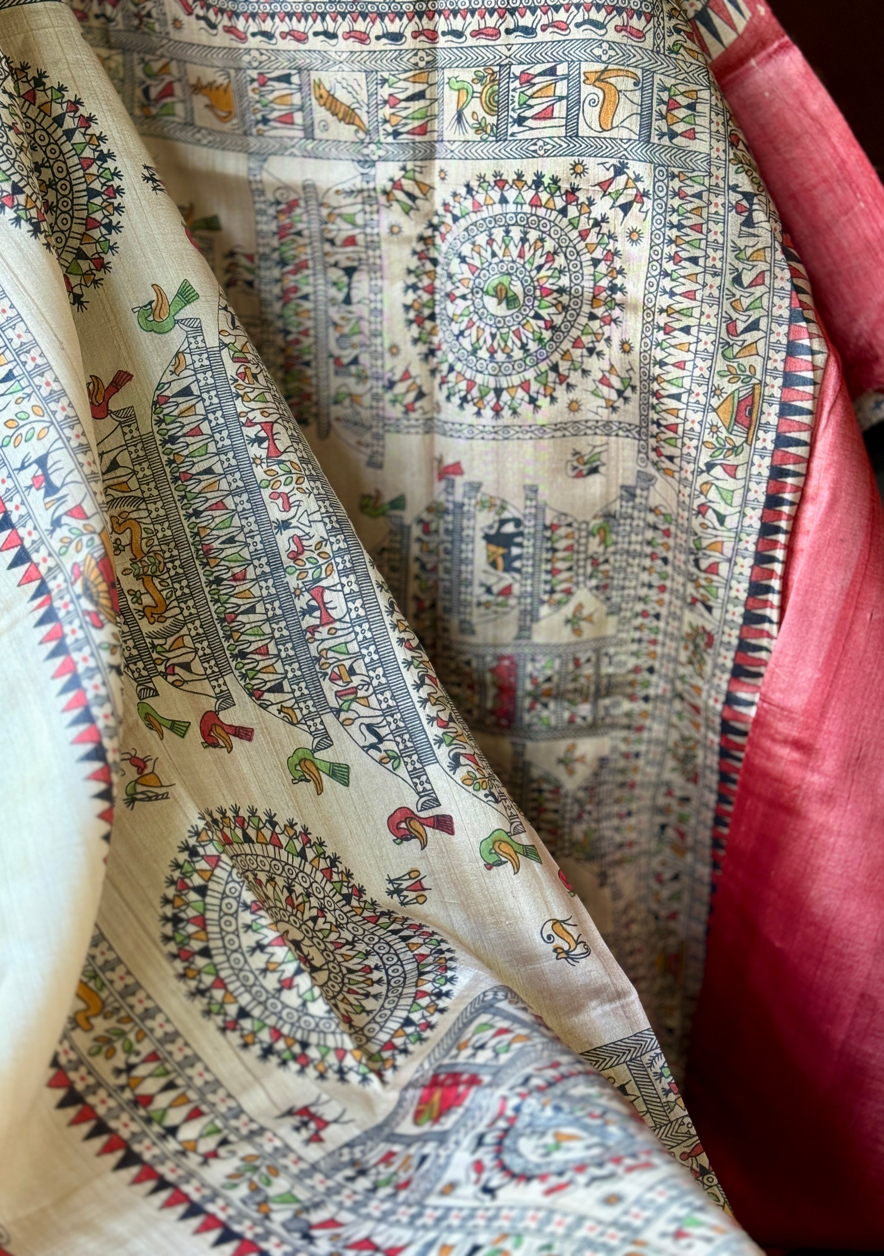 Pure Tussar Silk - Beige Worli Printed