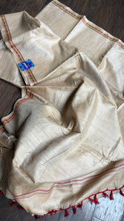 Pure Tussar Silk - Tan Beige Rudraksha Border
