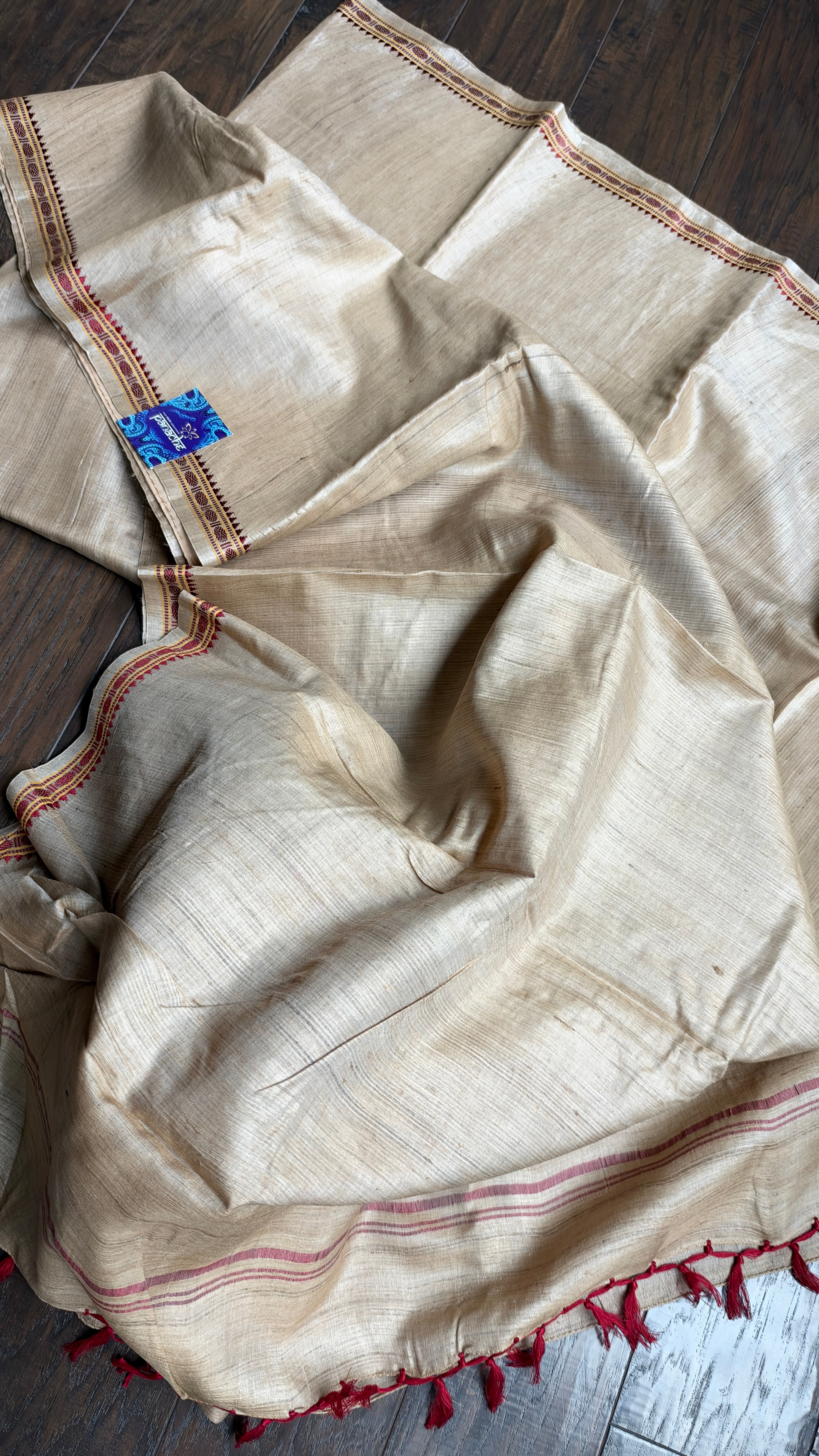 Pure Tussar Silk - Tan Beige Rudraksha Border