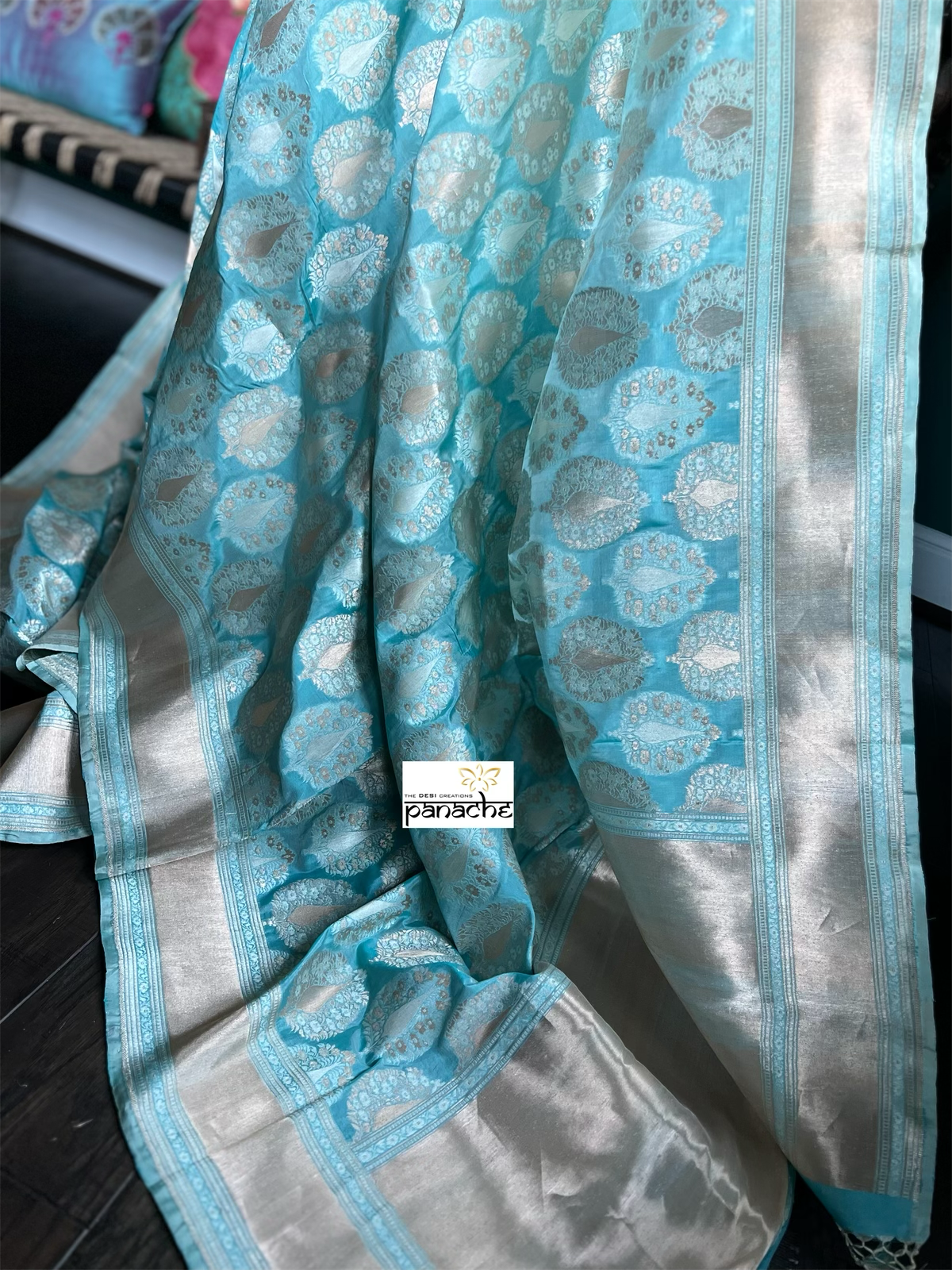 Pure Silk Katan Tissue Banarasi- Firozi Meenakari