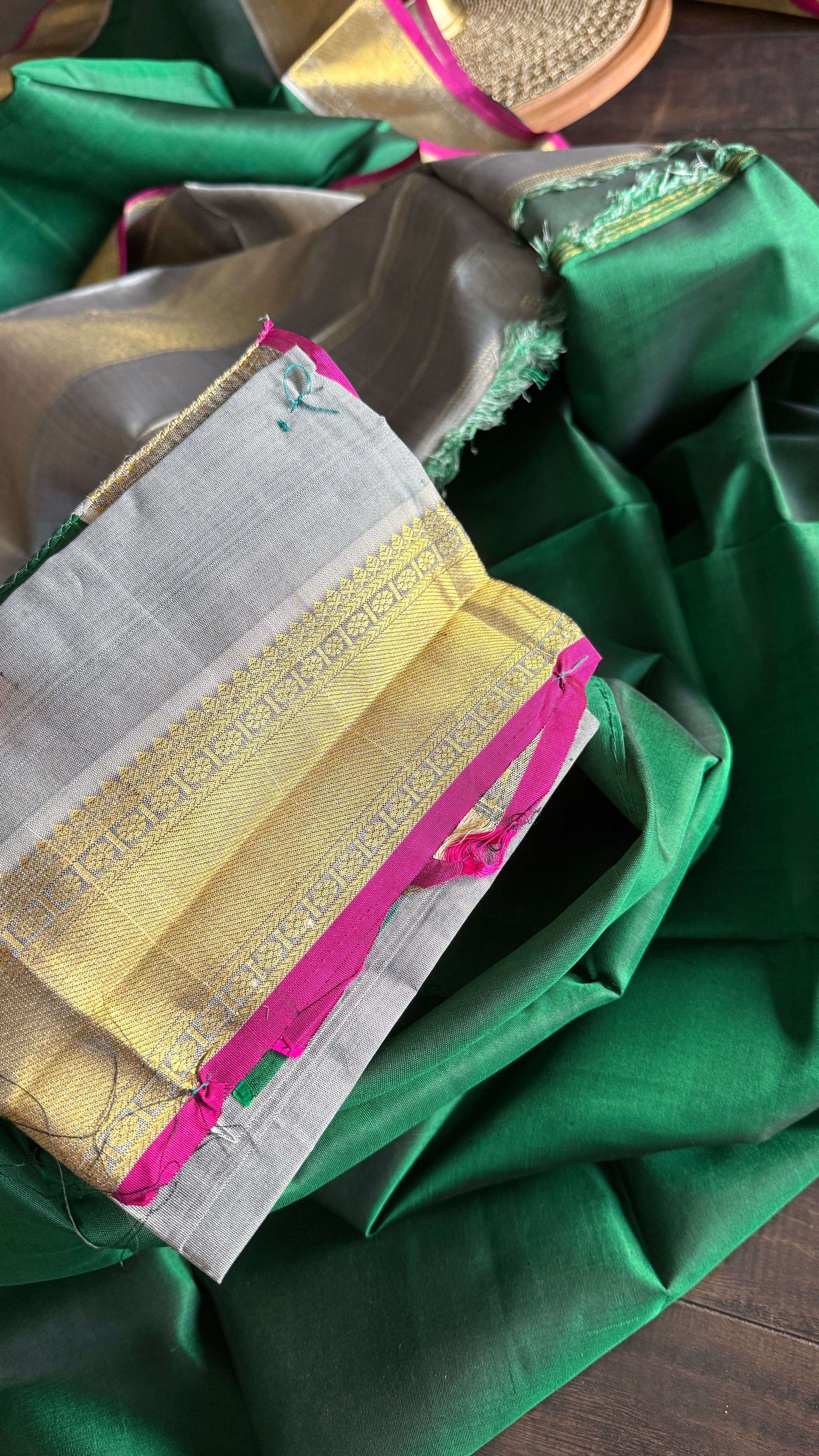 Pure Silk Kanjivaram - Dark Green Grey