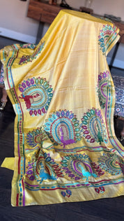 Pure Tussar Silk Kantha Stitch - Yellow