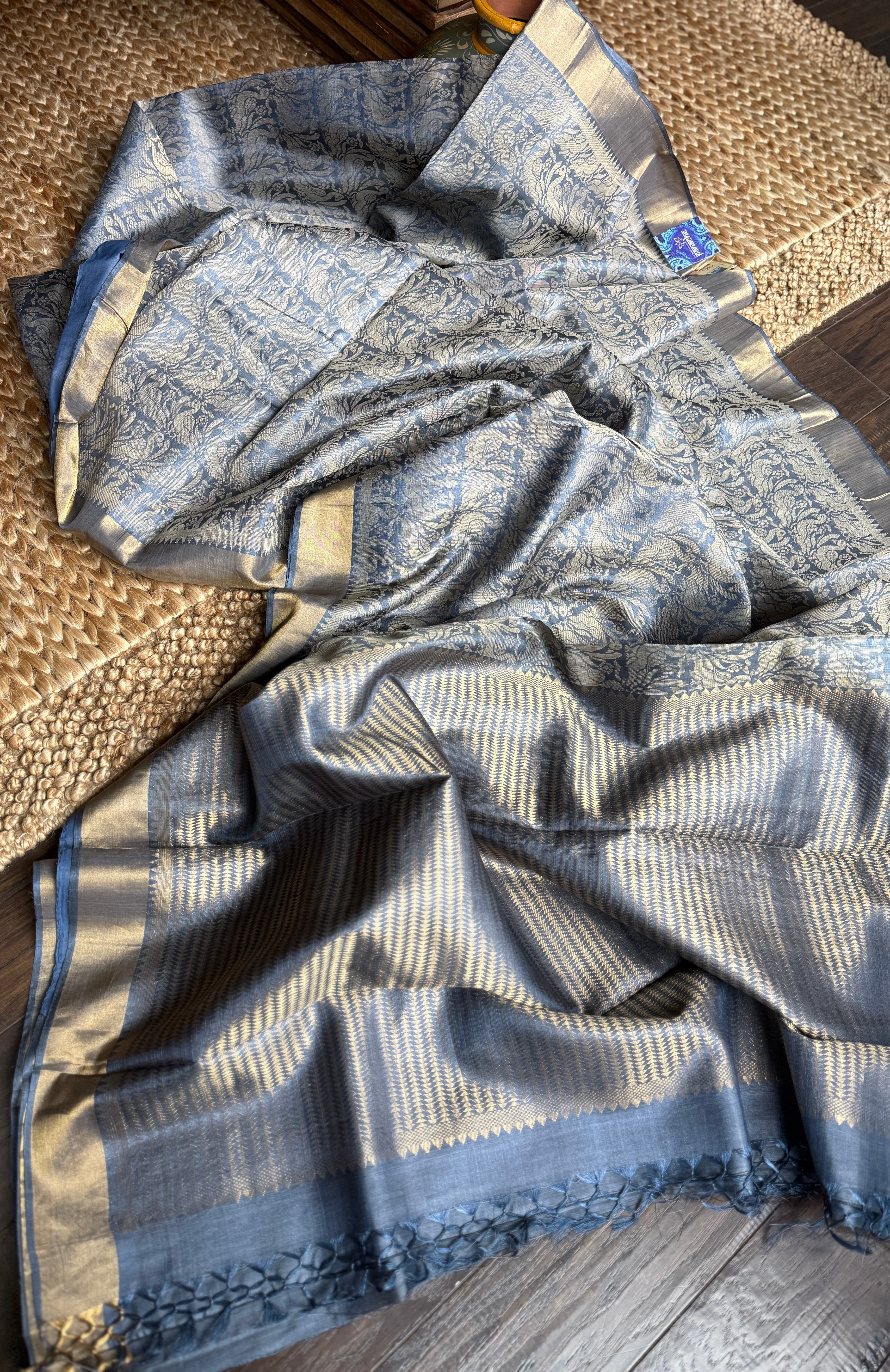 Tussar Silk - Steel Grey Resham Woven
