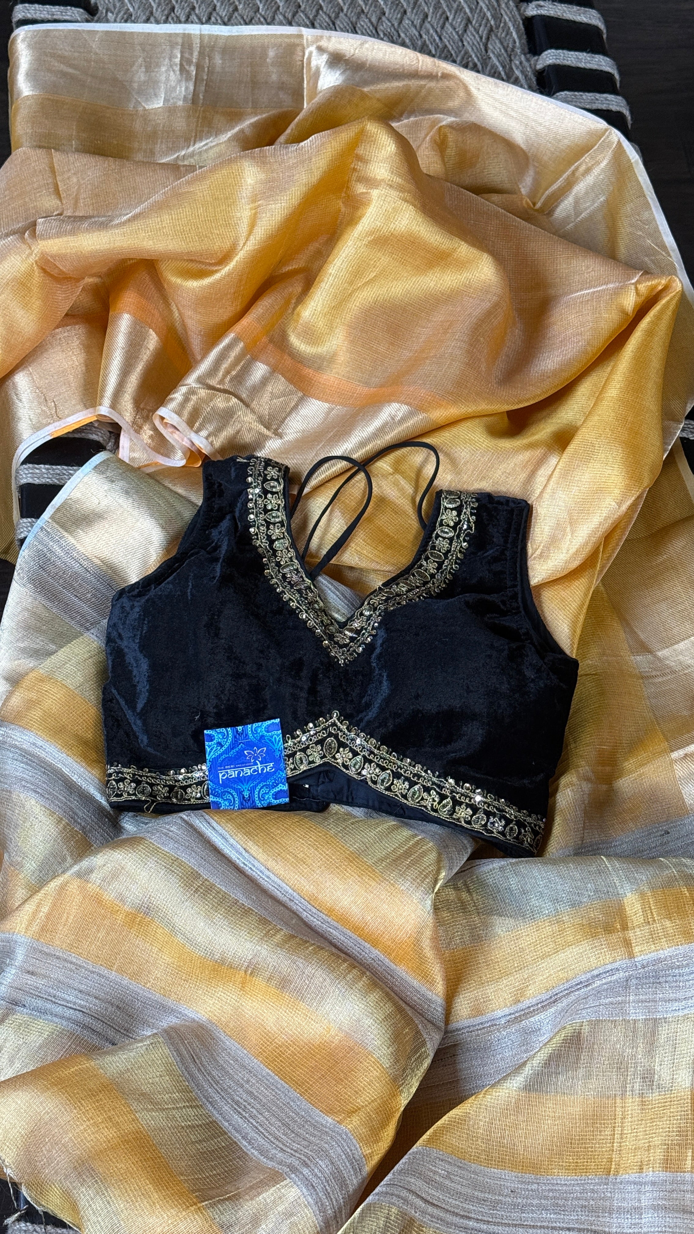 Designer Velvet Blouse - Black Gold Zari Sleeveless