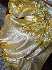 Khaddi Georgette Banarasi - Lime Yellow Meenakari