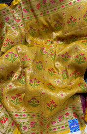 Pure Tussar Silk Banarasi- Yellow Meenakari Paithani