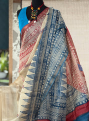 Printed Tussar Silk Kantha Stitch - Beige Blue Red