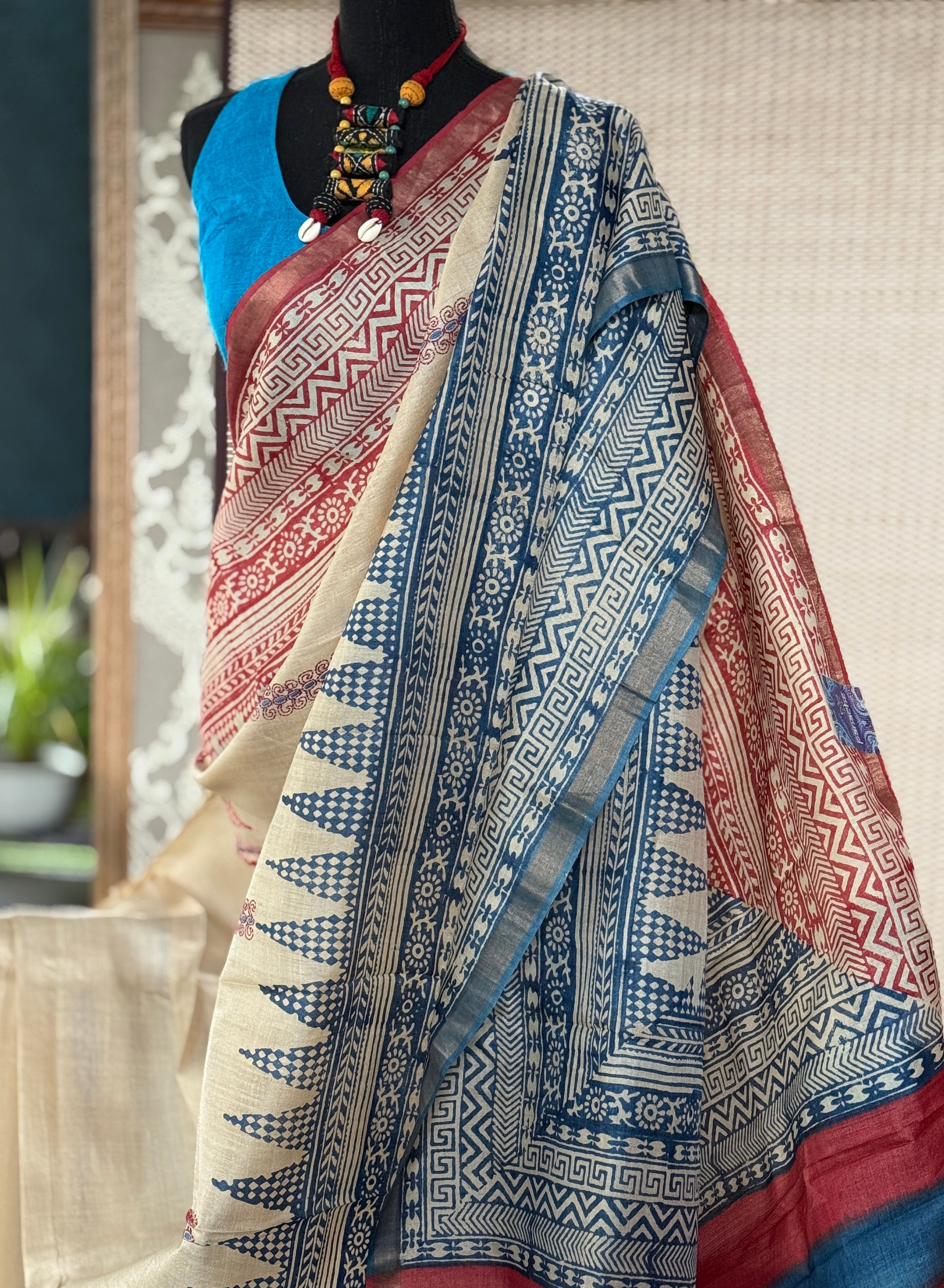Printed Tussar Silk Kantha Stitch - Beige Blue Red