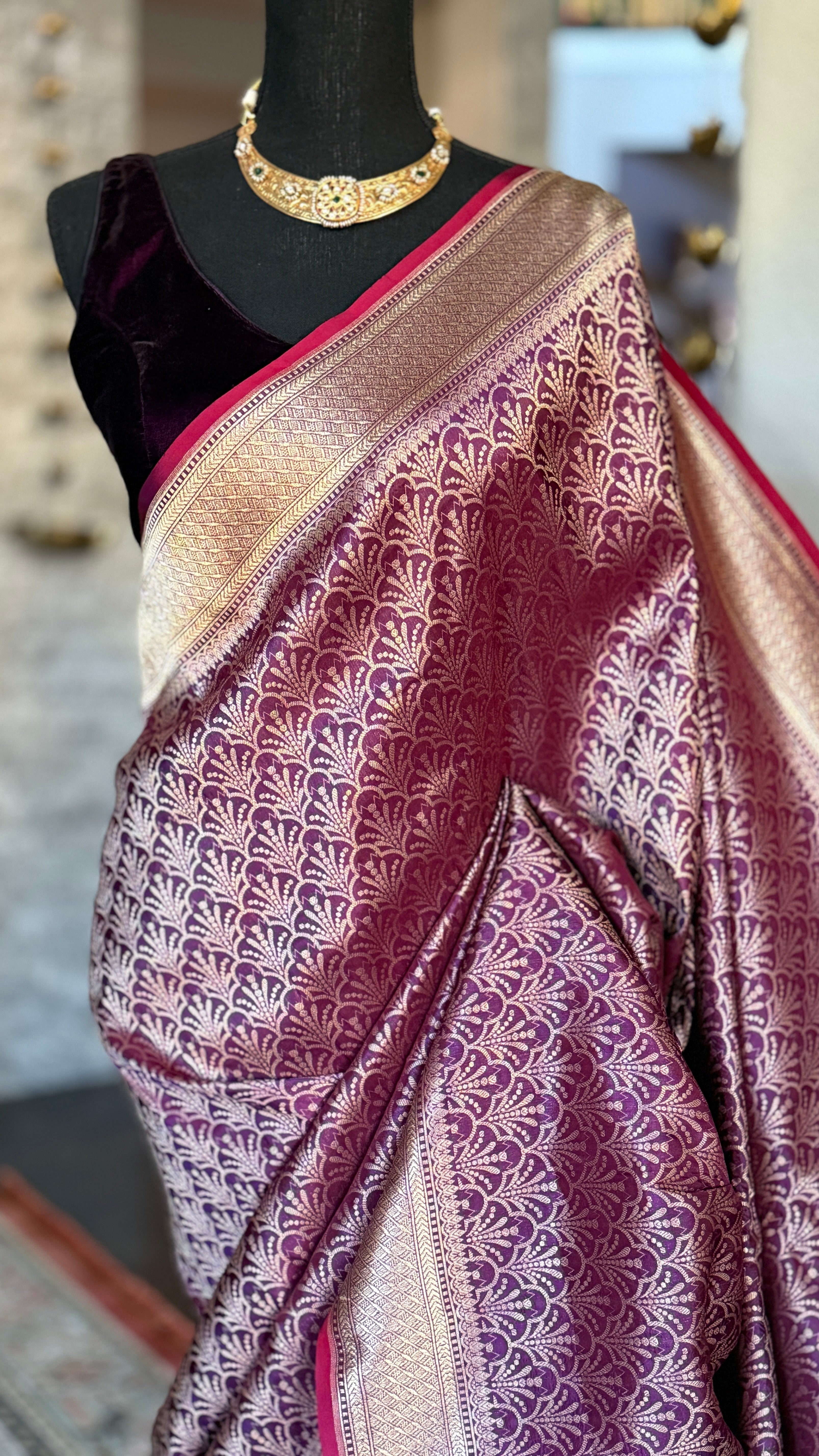 Pure Silk Brocade Banarasi- Plum Golden Zari