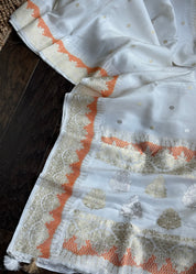 Pure Katan Silk Kadhua Banarasi - White antique Zari