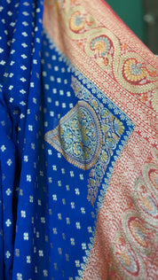 Khaddi Georgette Banarasi - Blue Peach Orange Hand Brush Painted