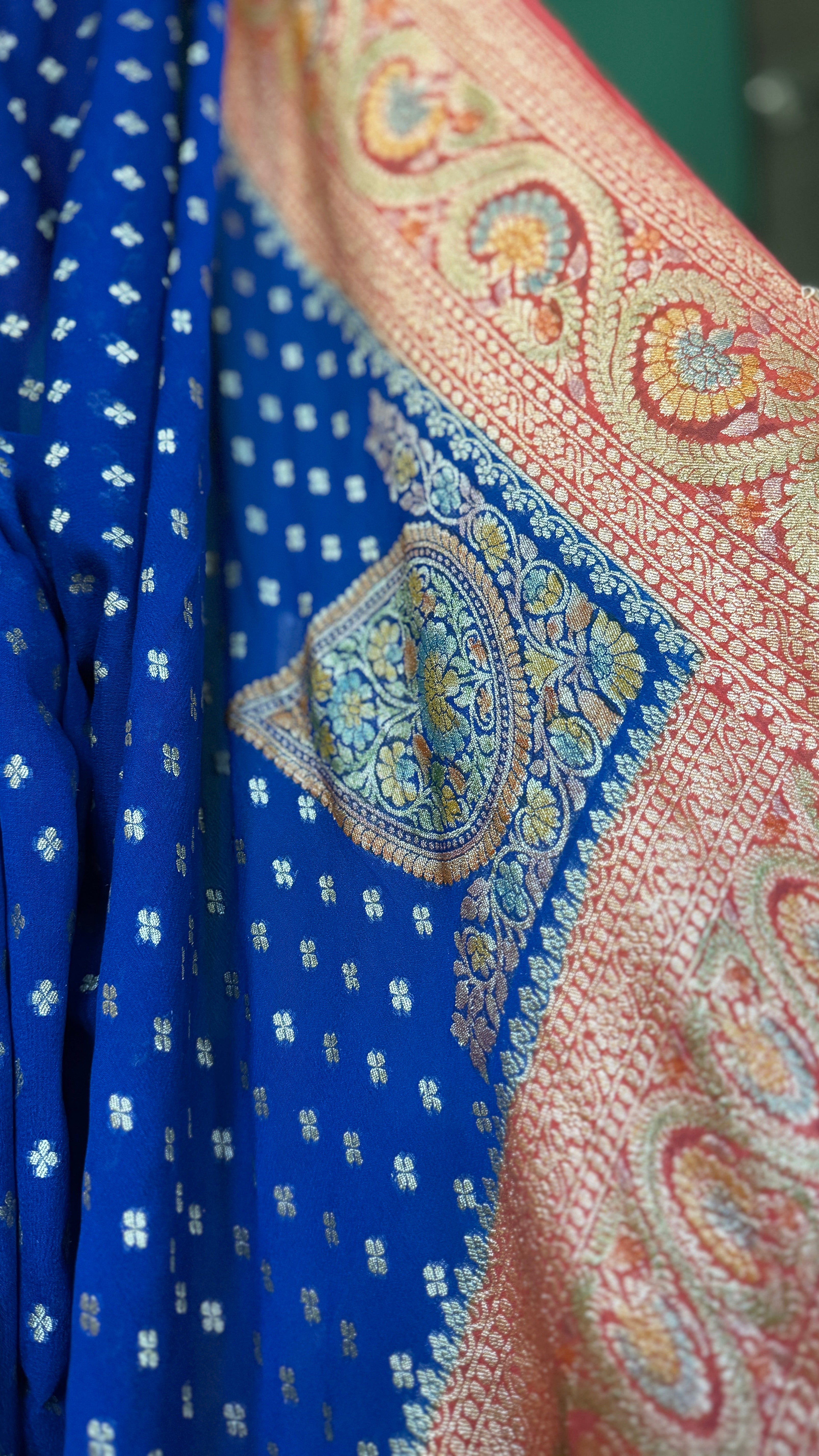 Khaddi Georgette Banarasi - Blue Peach Orange Hand Brush Painted
