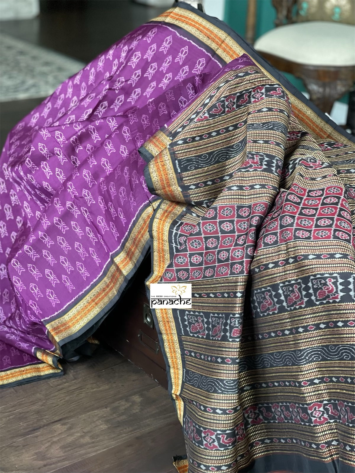 Pure Silk Sambalpuri ikat  - Purple Black