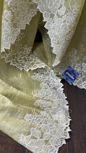 Designer Crushed Tissue Silk - Light Pista Appliqué Embroidered