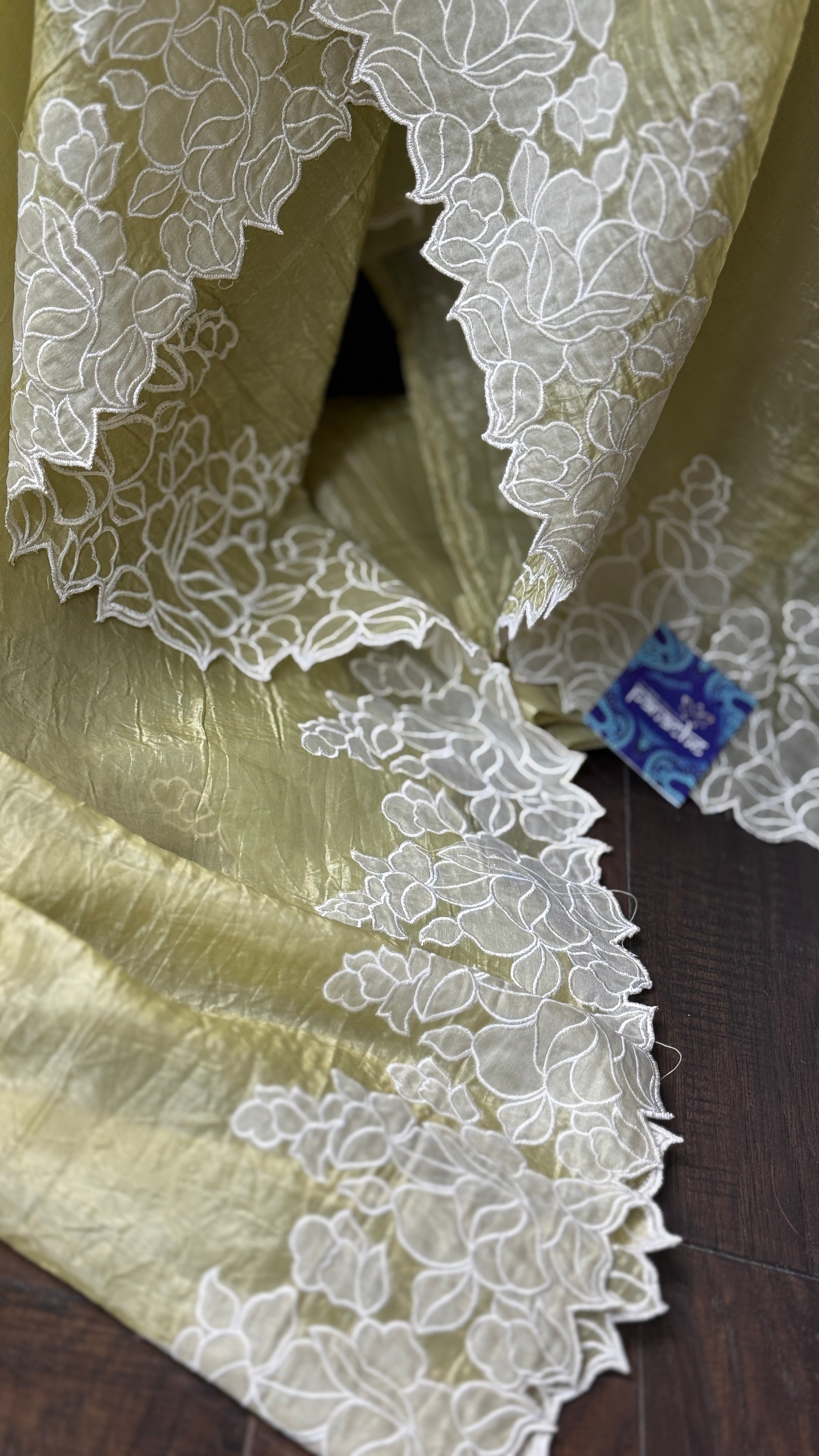 Designer Crushed Tissue Silk - Light Pista Appliqué Embroidered