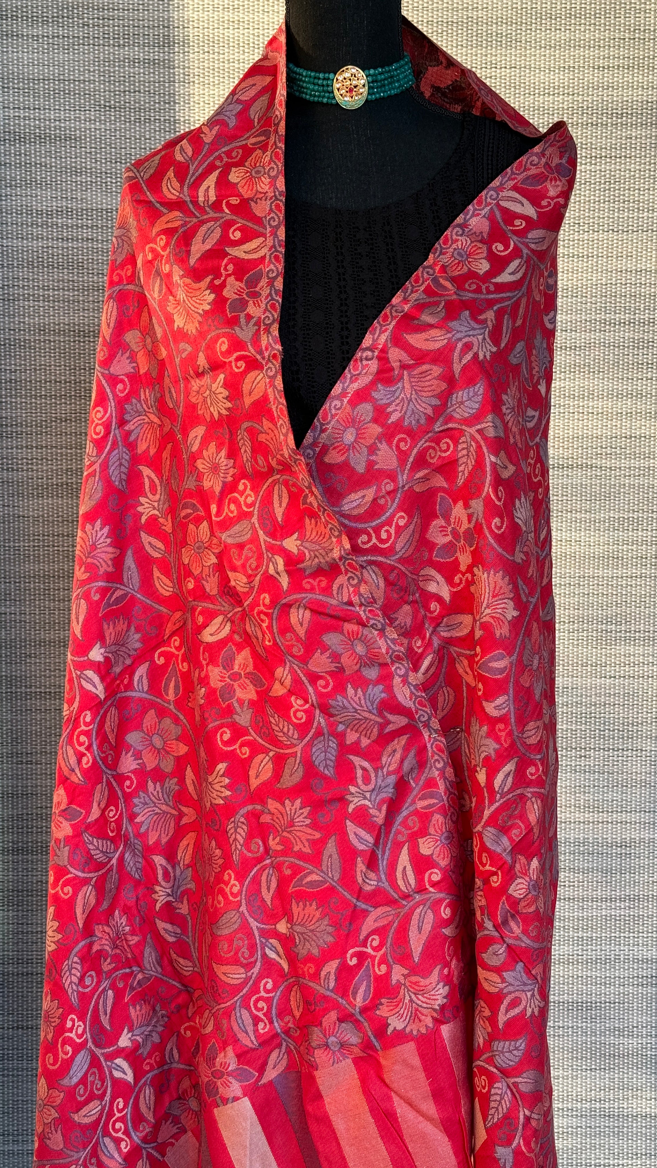 Kashmiri Semi Pashmina Stole - Red Multi 1 Resham Woven