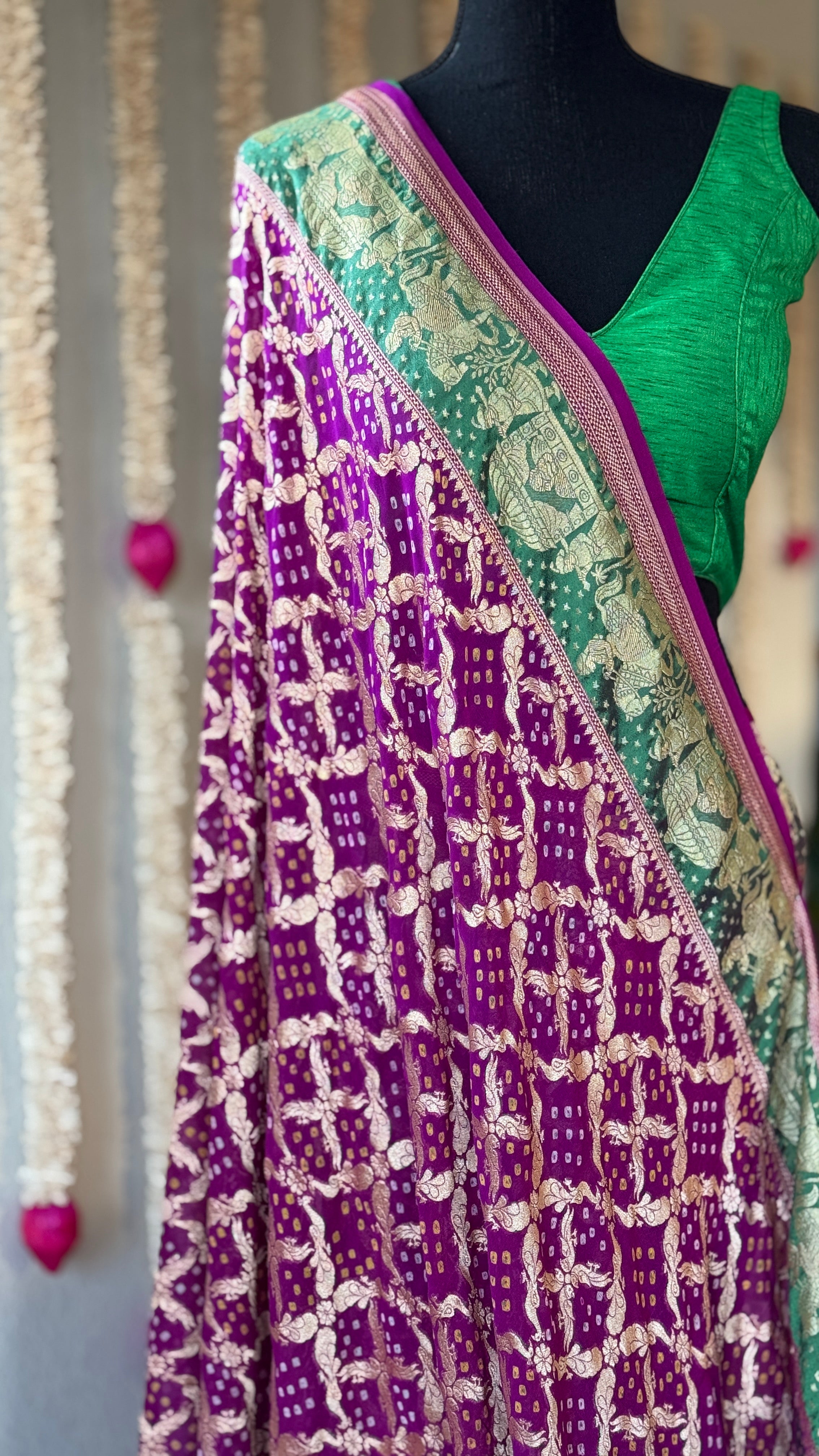 Bandhej Khaddi Georgette Banarasi - Purple Green