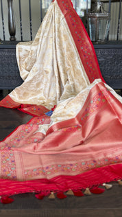Soft Silk Banaras Saree - Cream Red