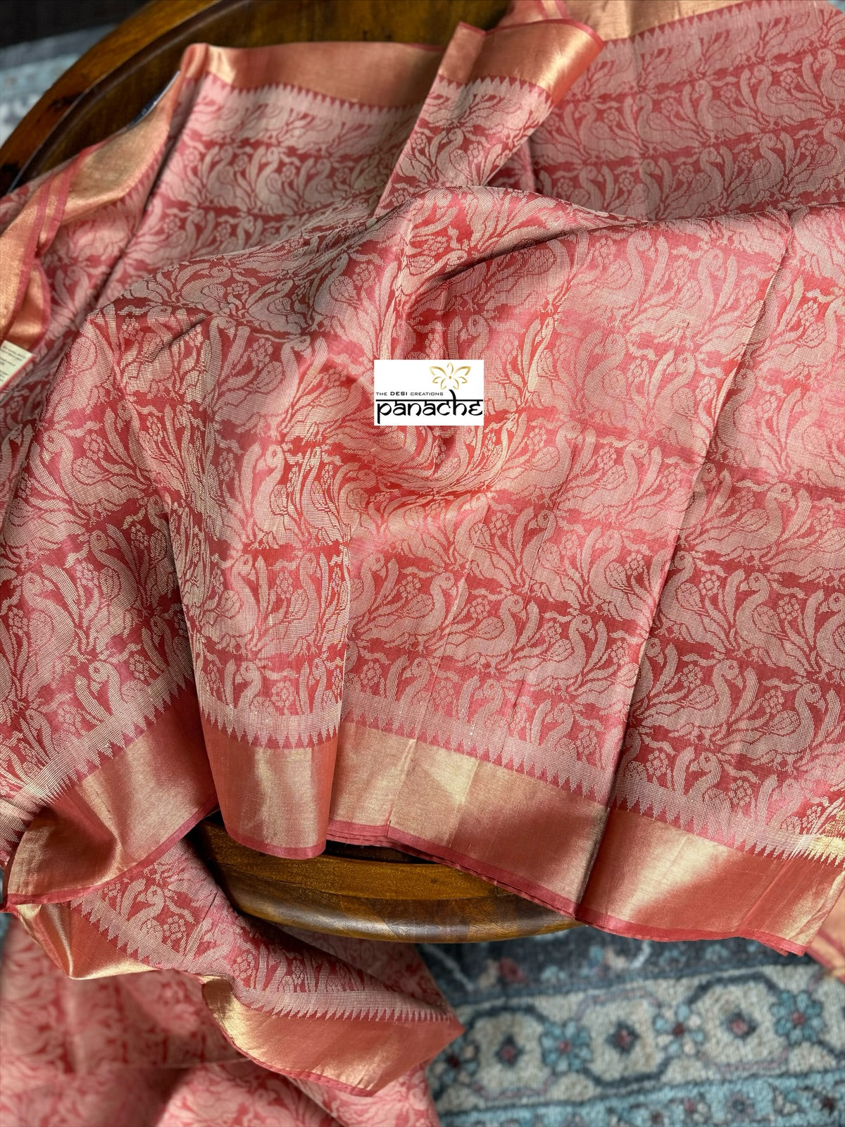 Tussar Silk - Coral Resham Woven