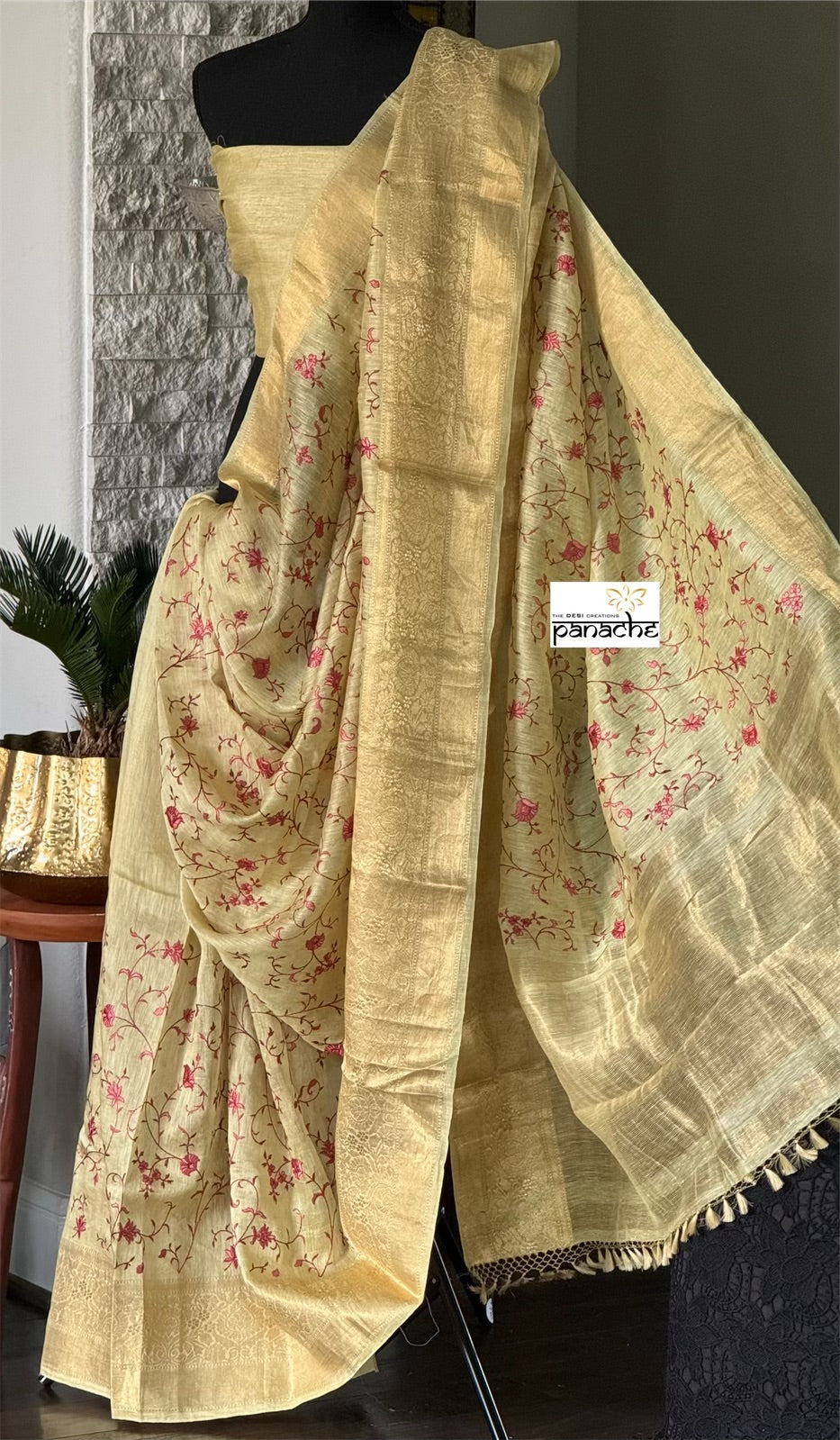 Embroidered Linen Silk Banarasi- Light Greenish Yellow