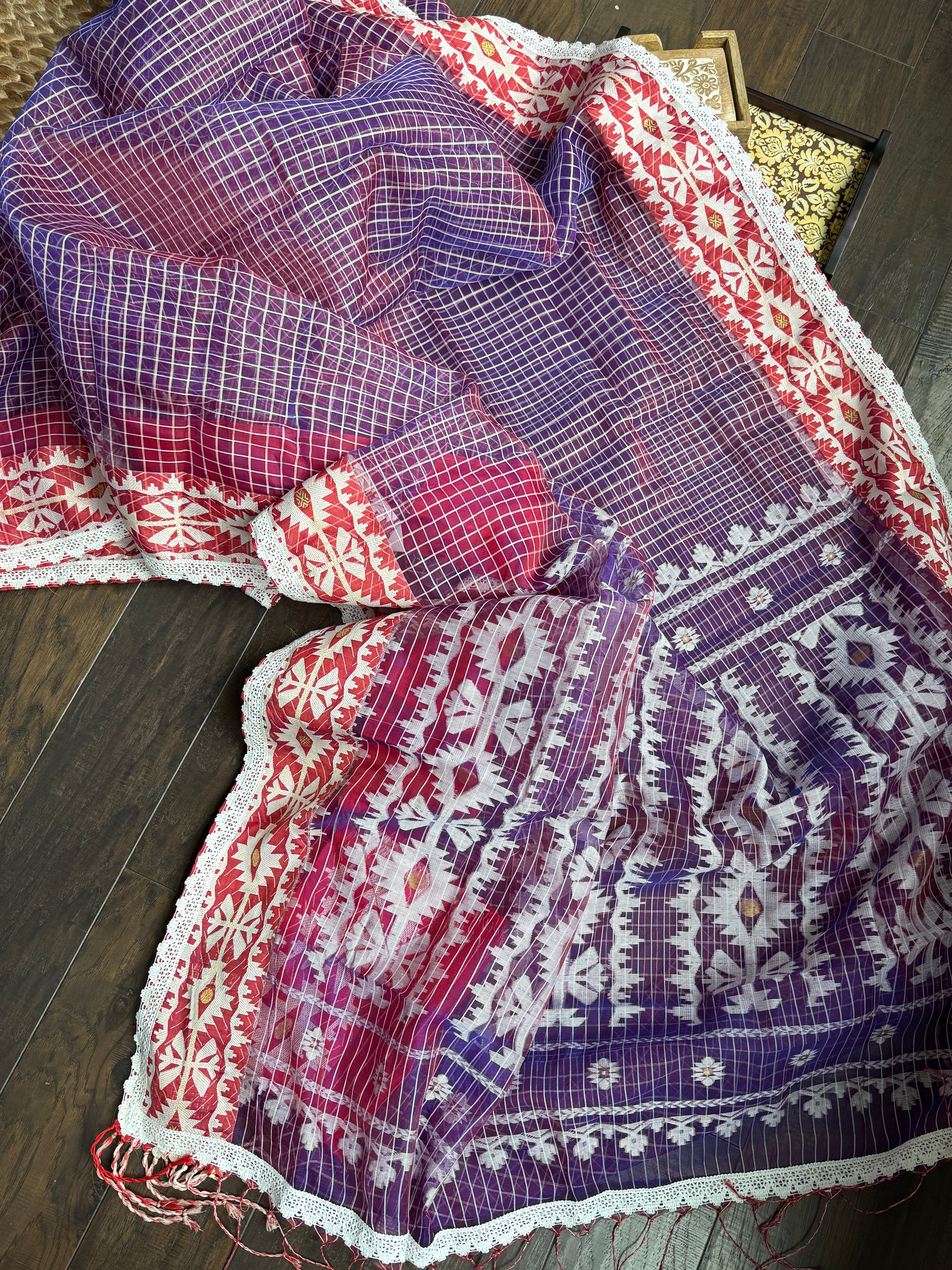 Jamdaani Soft - Purple White Checkered Woven