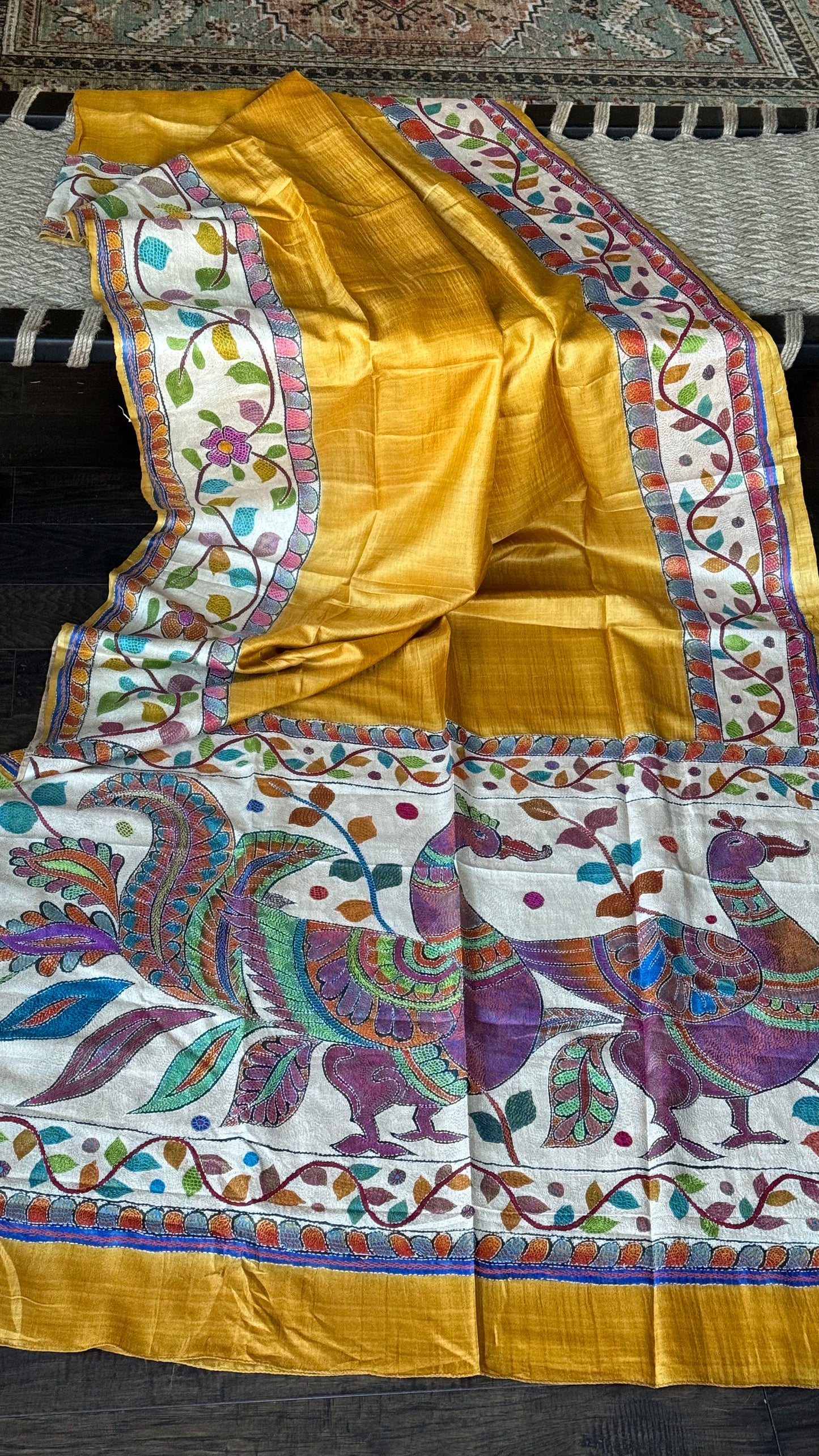 Pure Tussar Silk Sujni Kantha Stitch -  Yellow Peacock