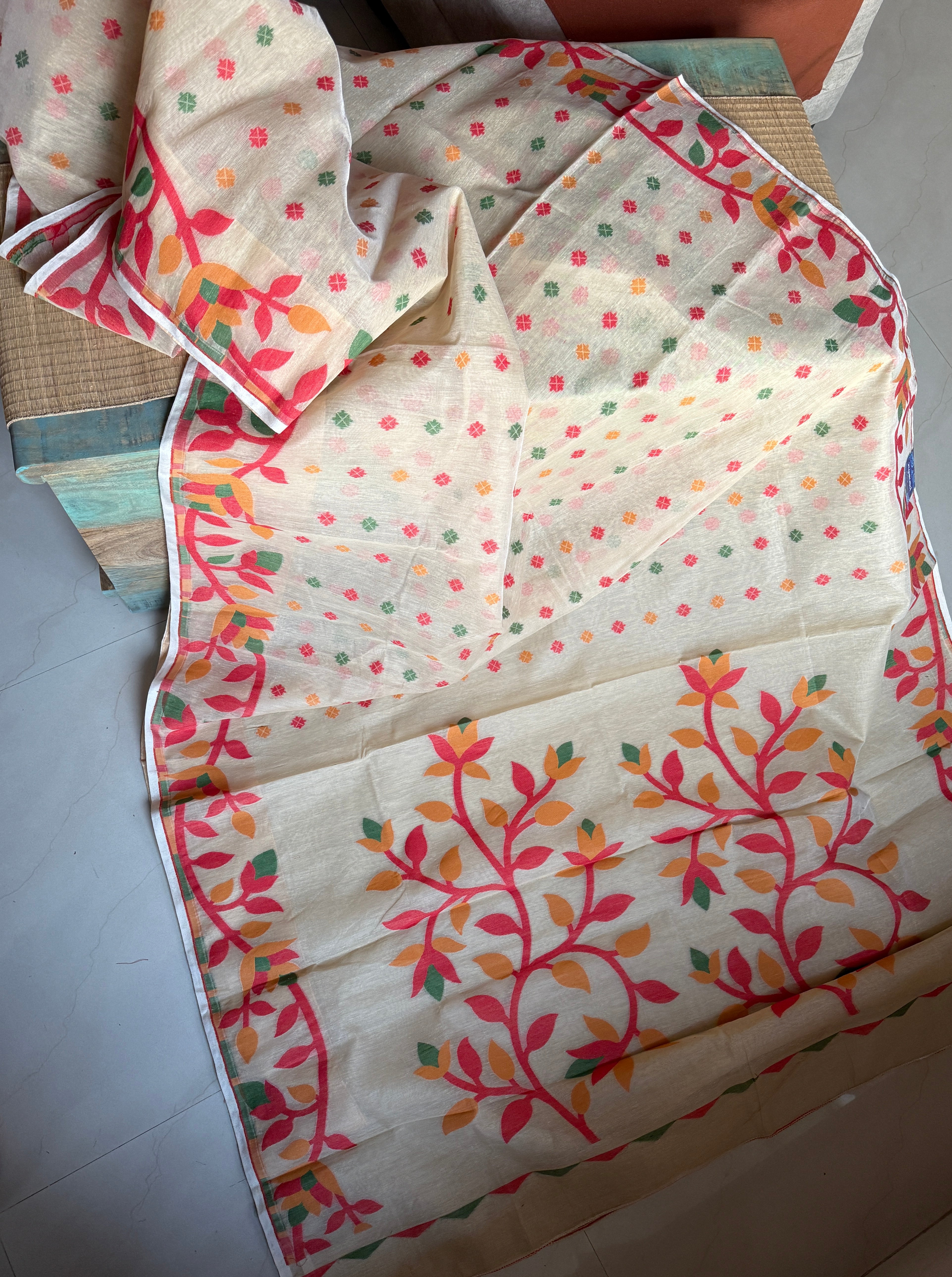 Cotton Jamdaani  - Beige Red Multi Colored 2