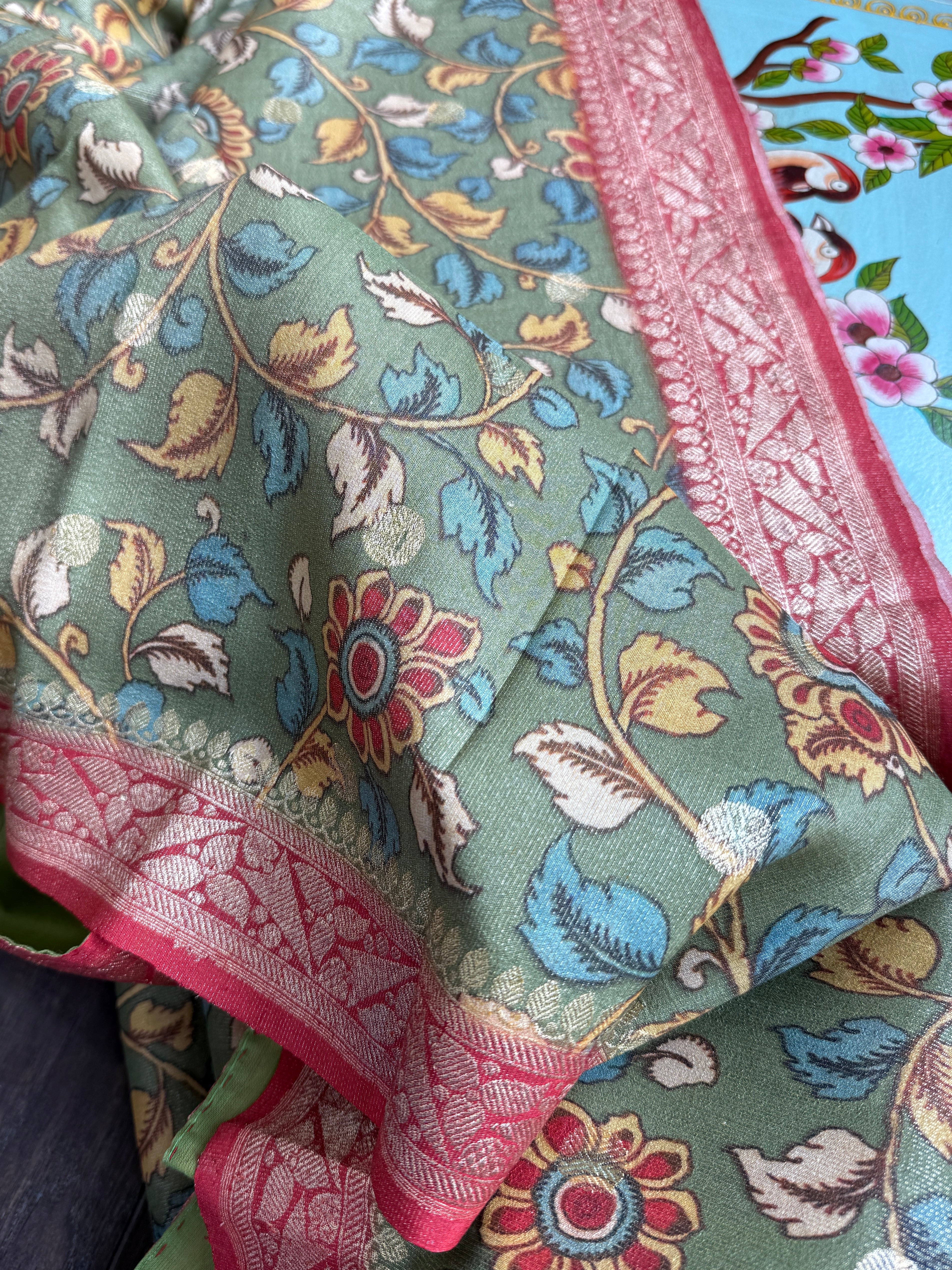 Tussar Silk Kalamkari Banarasi- Green Red