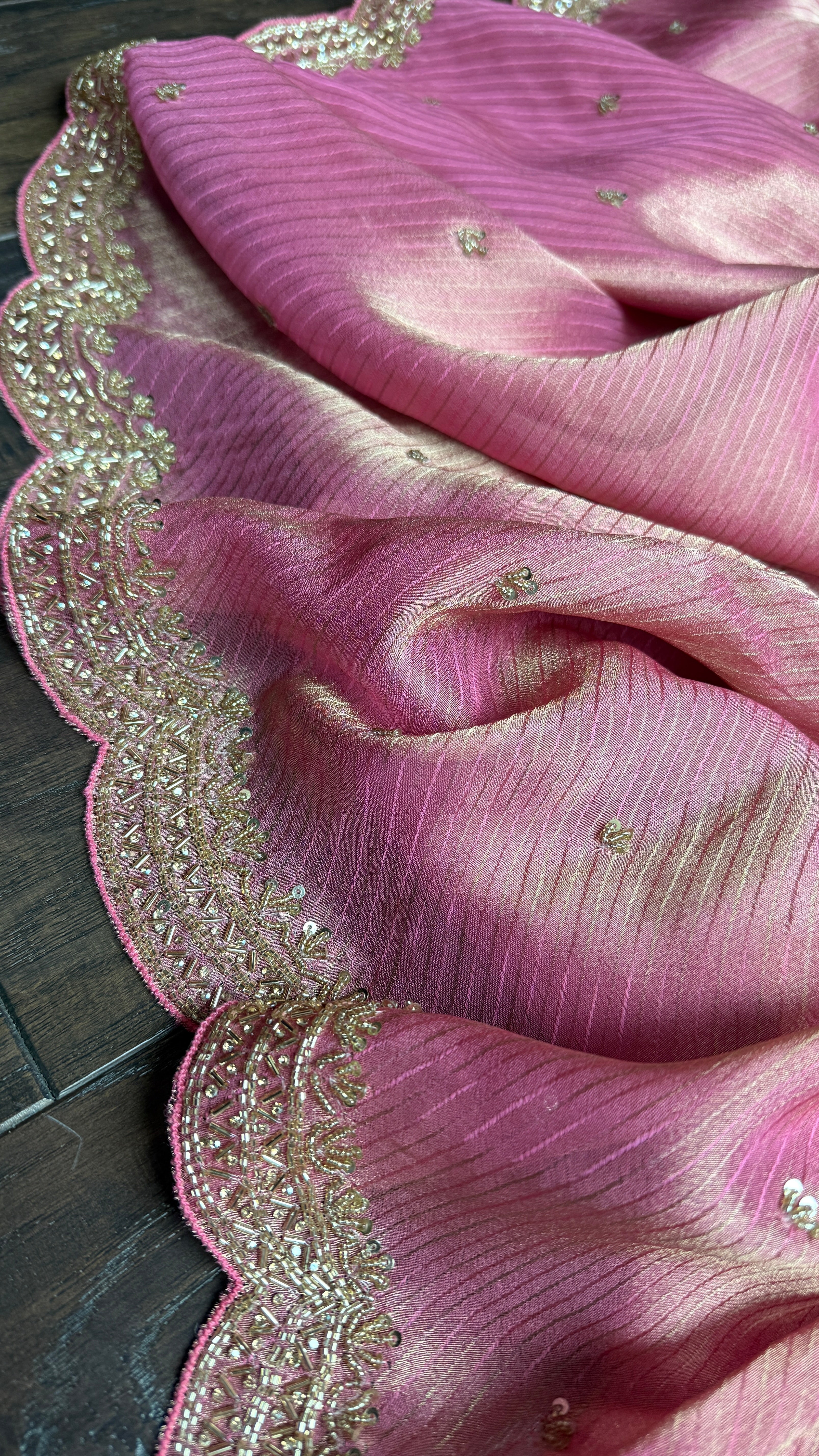 Designer Georgette Organza - Pink Dual Shaded Scalloped Border