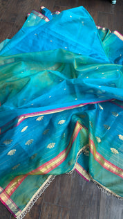Pure Chanderi Organza Silk - Firozi and Green Shaded