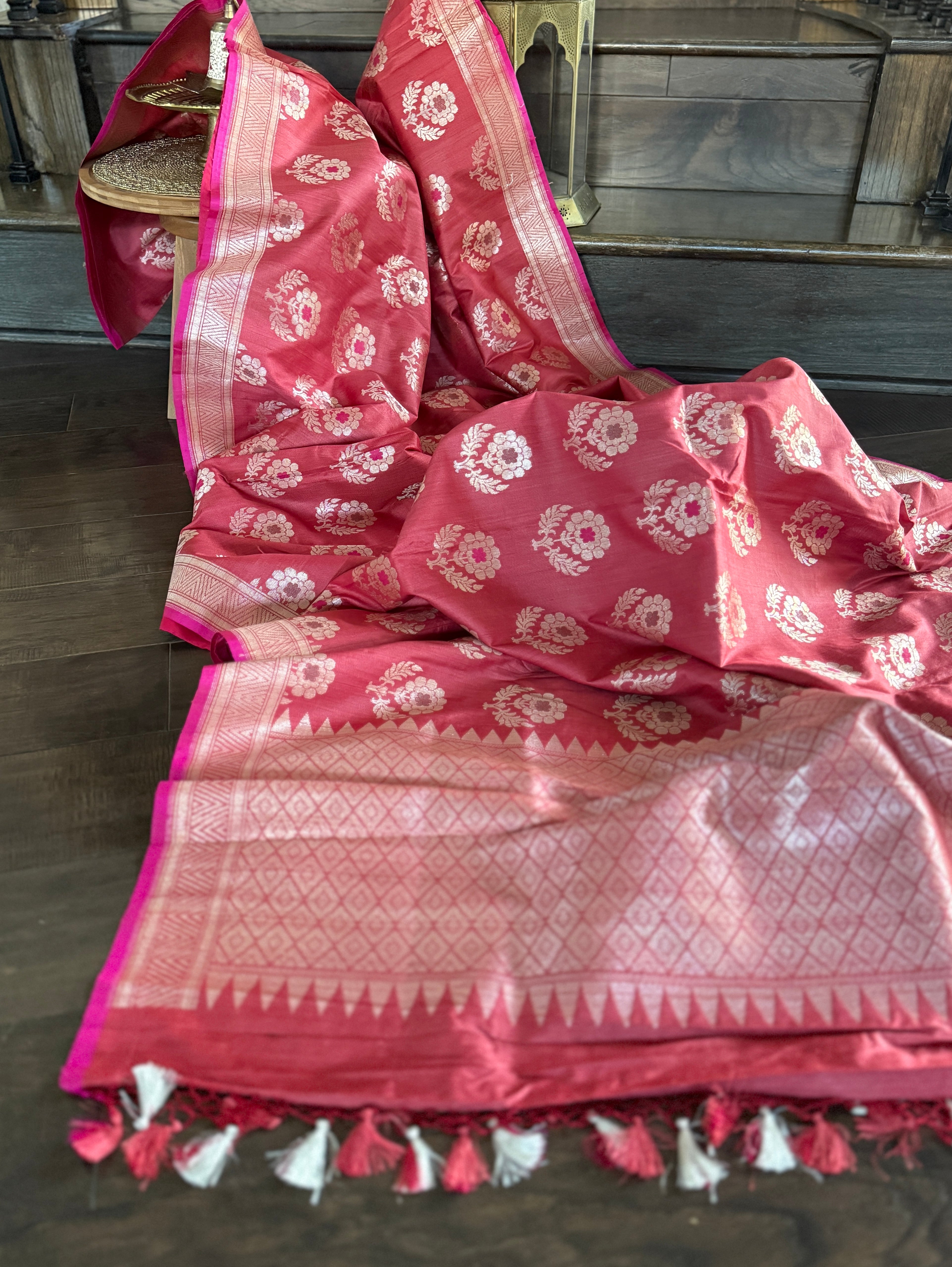 Tussar Silk Banarasi - Orange Pink Dual Shaded Antique Zari