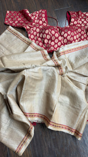 Pure Tussar Silk - Tan Beige Rudraksha Border
