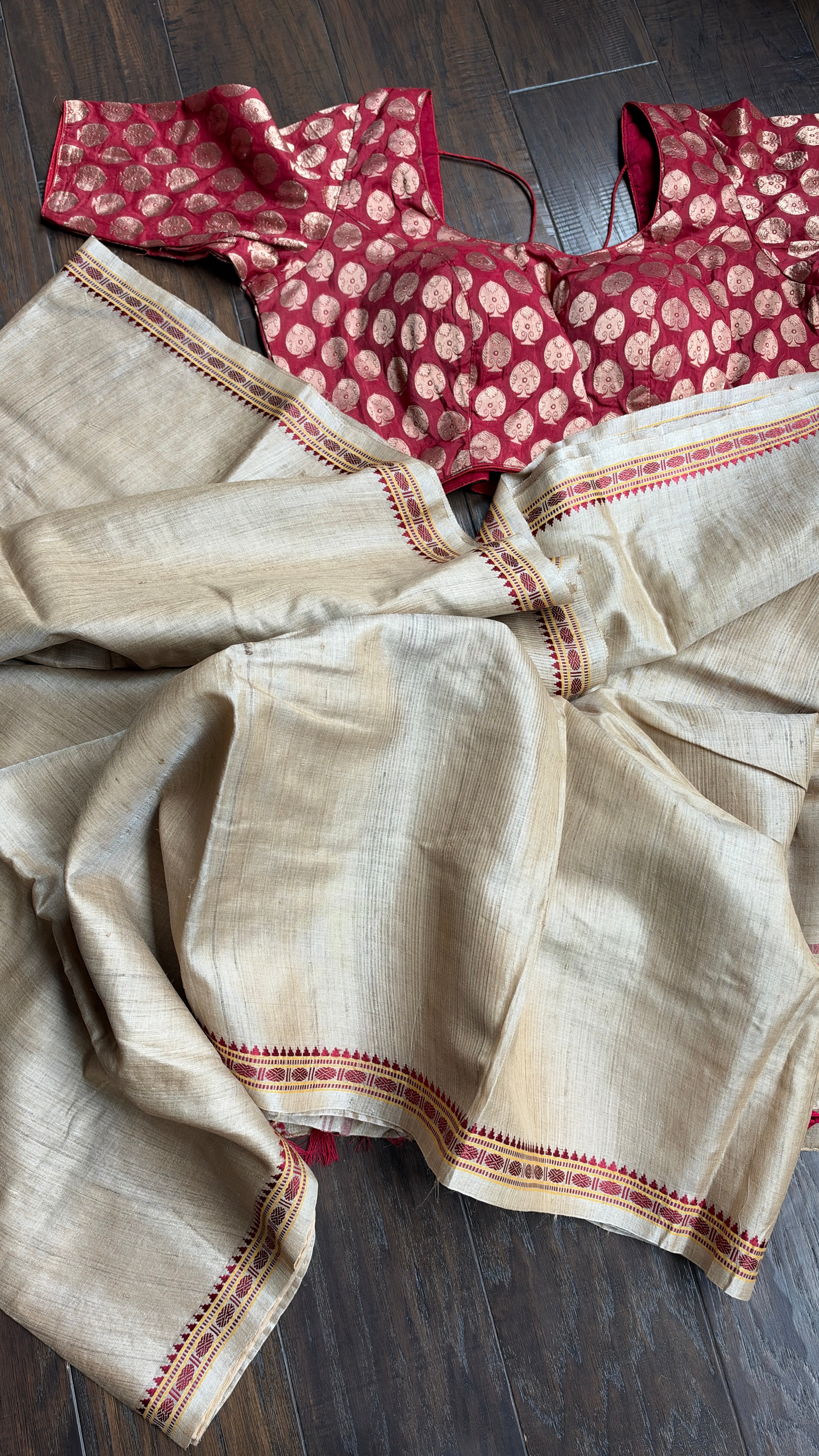 Pure Tussar Silk - Tan Beige Rudraksha Border