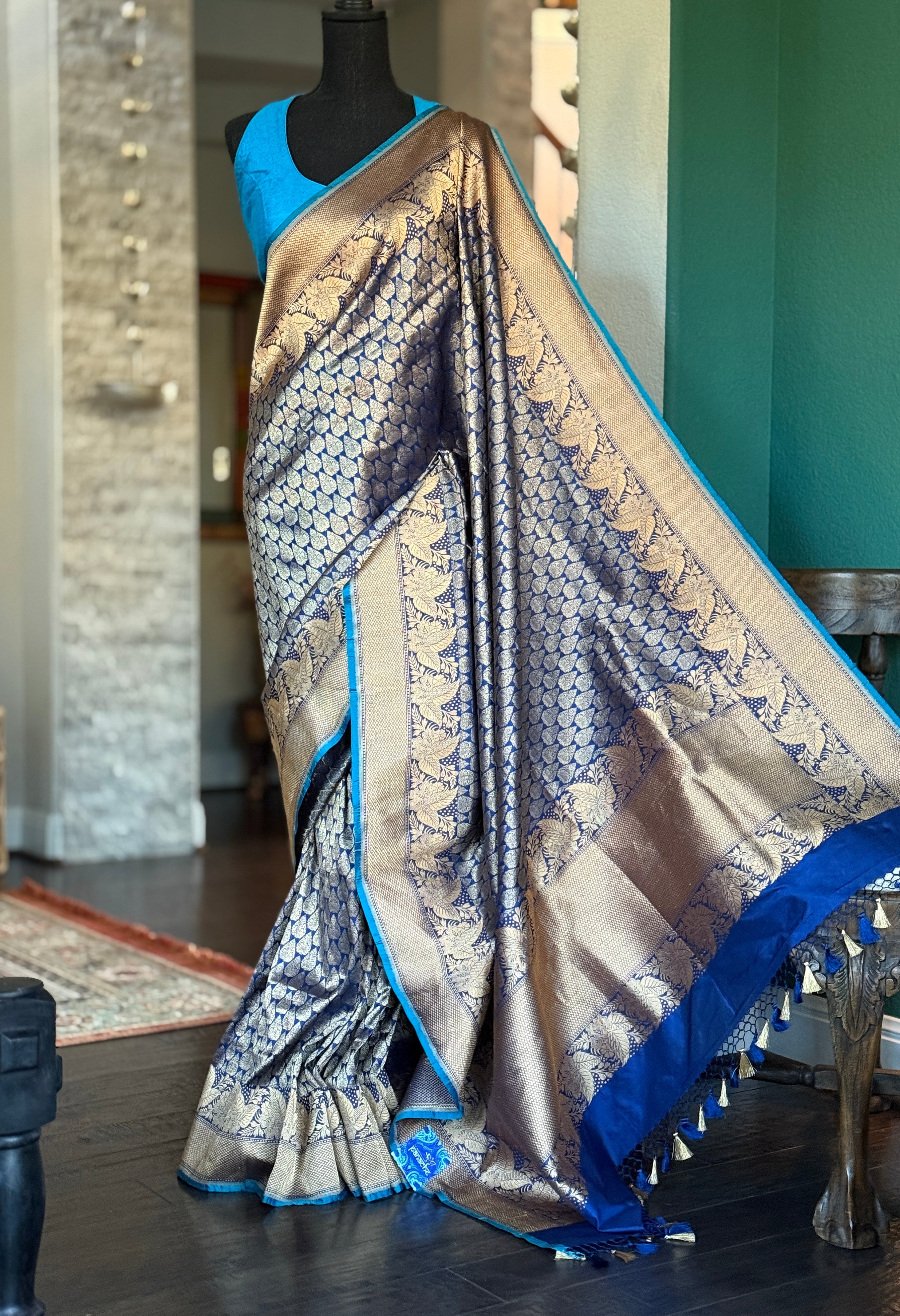 Brocade Pure Silk Banarasi - Blue Antique Golden Zari