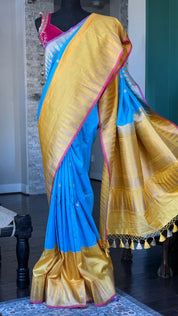 Pure Silk Katan Banarasi - Blue Yellow Kadwa