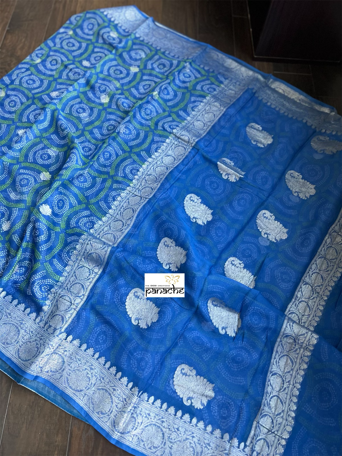 Khaddi Chiffon Banarasi - Blue Green Bandhej Printed