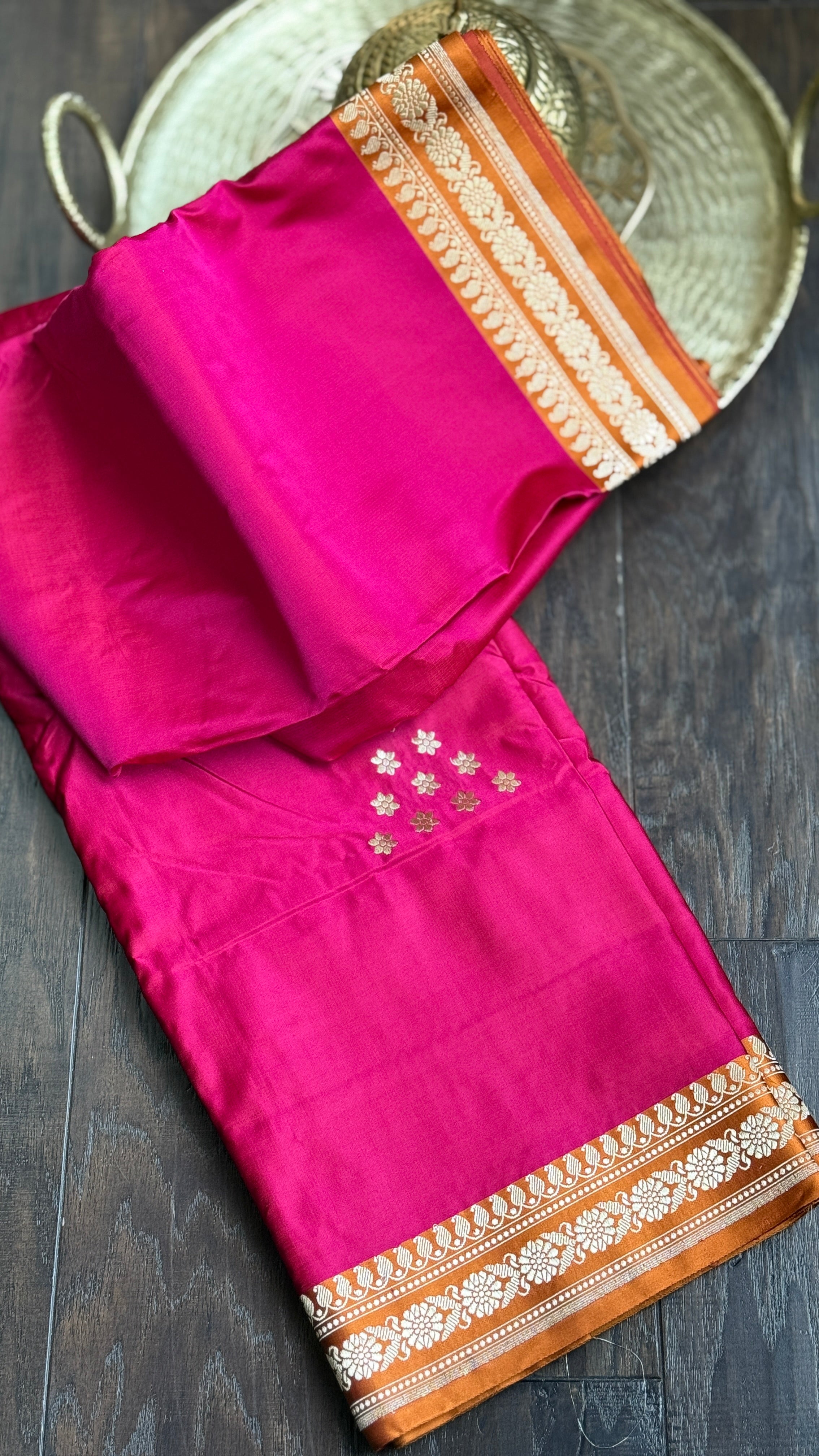Pure Silk Mashru Banarasi- Rani Pink Ochre Orange
