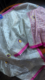 Hand Zardozi Pure Chanderi Tissue Silk - Silver Pink Woven