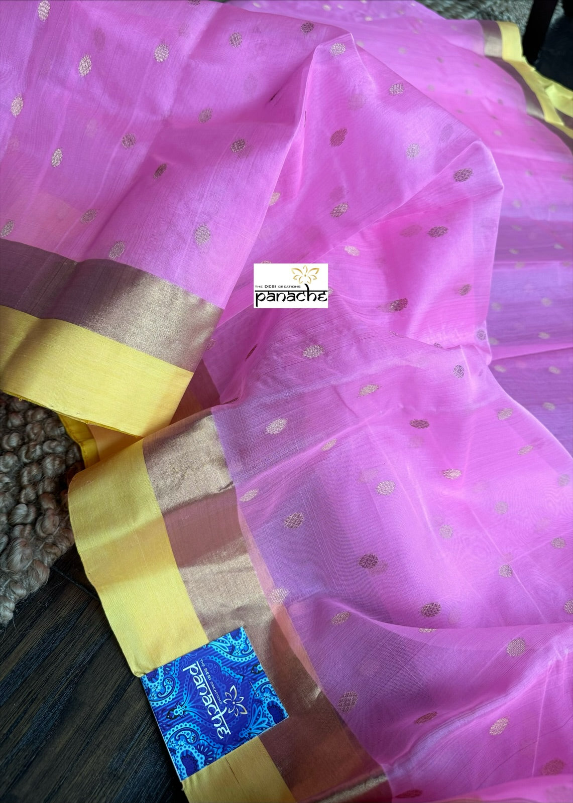 Pure Chanderi Organza Silk - Pink Yellow Golden Zari