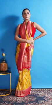 Pure Silk Katan Banarasi- Yellow Red Kadhua