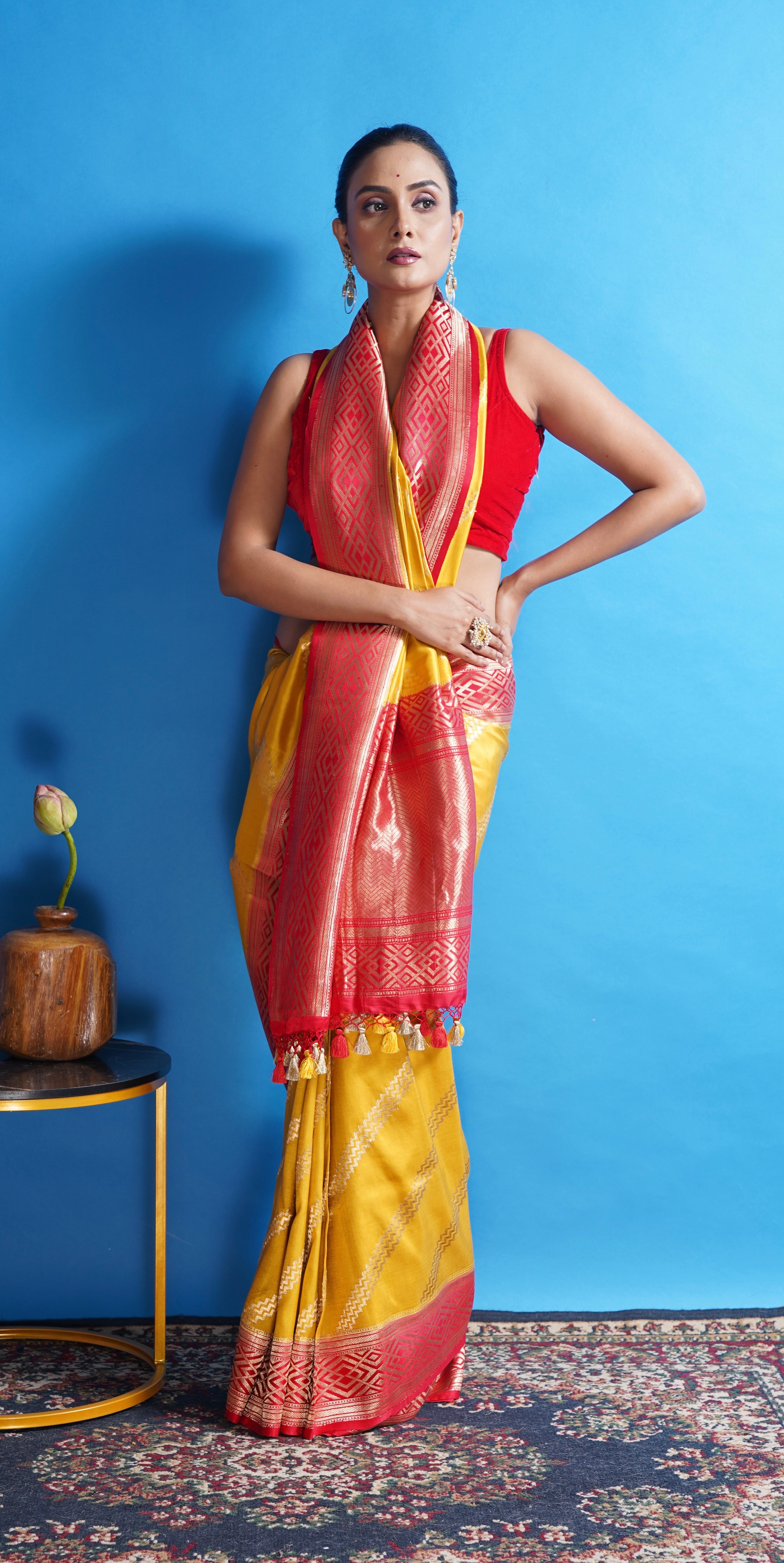 Pure Silk Katan Banarasi- Yellow Red Kadhua