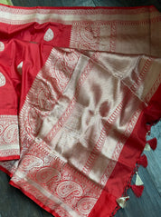Katan Silk Banarasi -  Red Kadwa