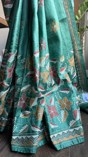 Pure Tussar Silk Kantha Stitch -  Dark Green Multi Color