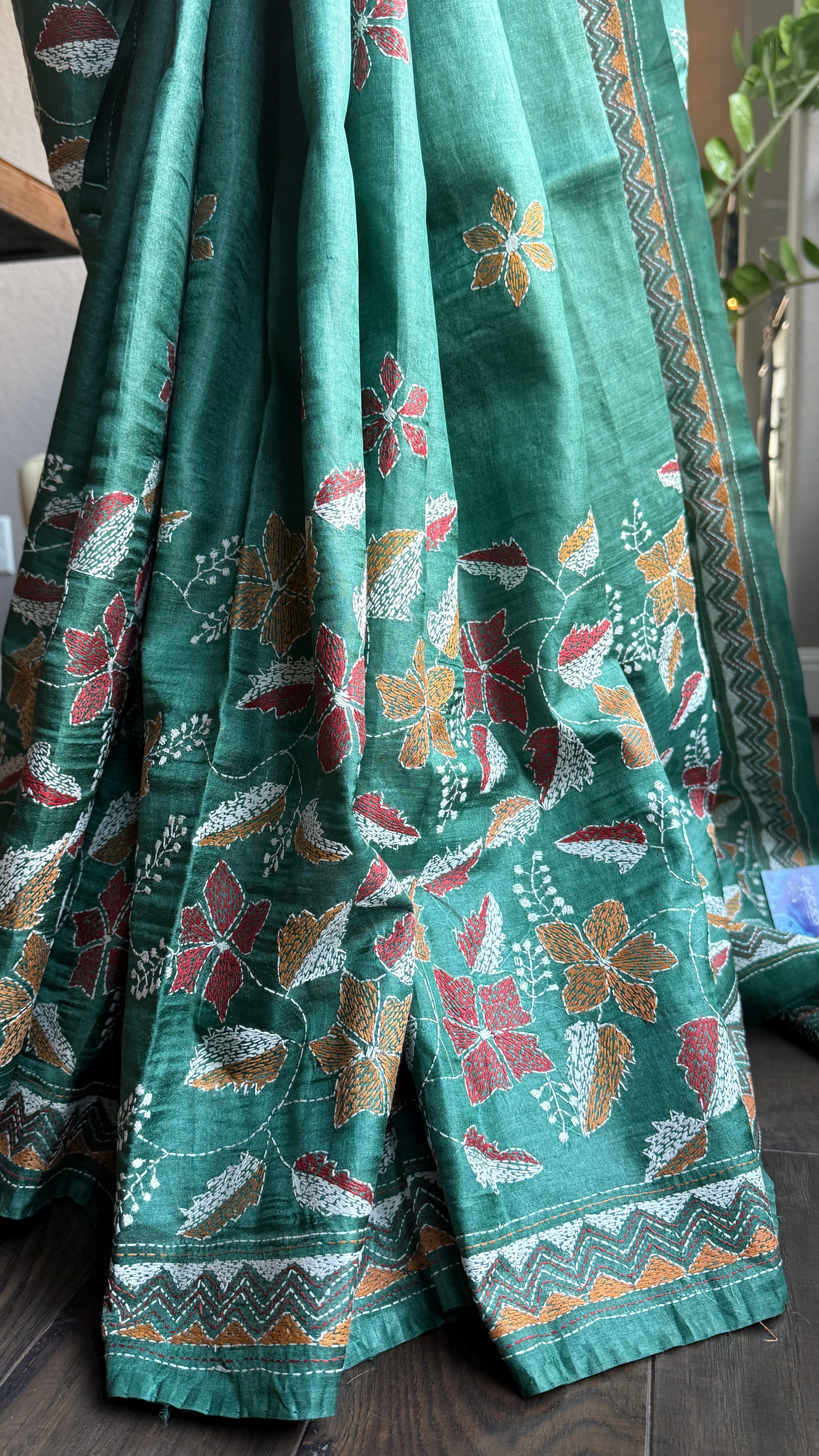 Pure Tussar Silk Kantha Stitch -  Dark Green Multi Color