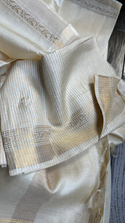 Pure Tussar Silk - Cream Beige Golden Zari Woven2