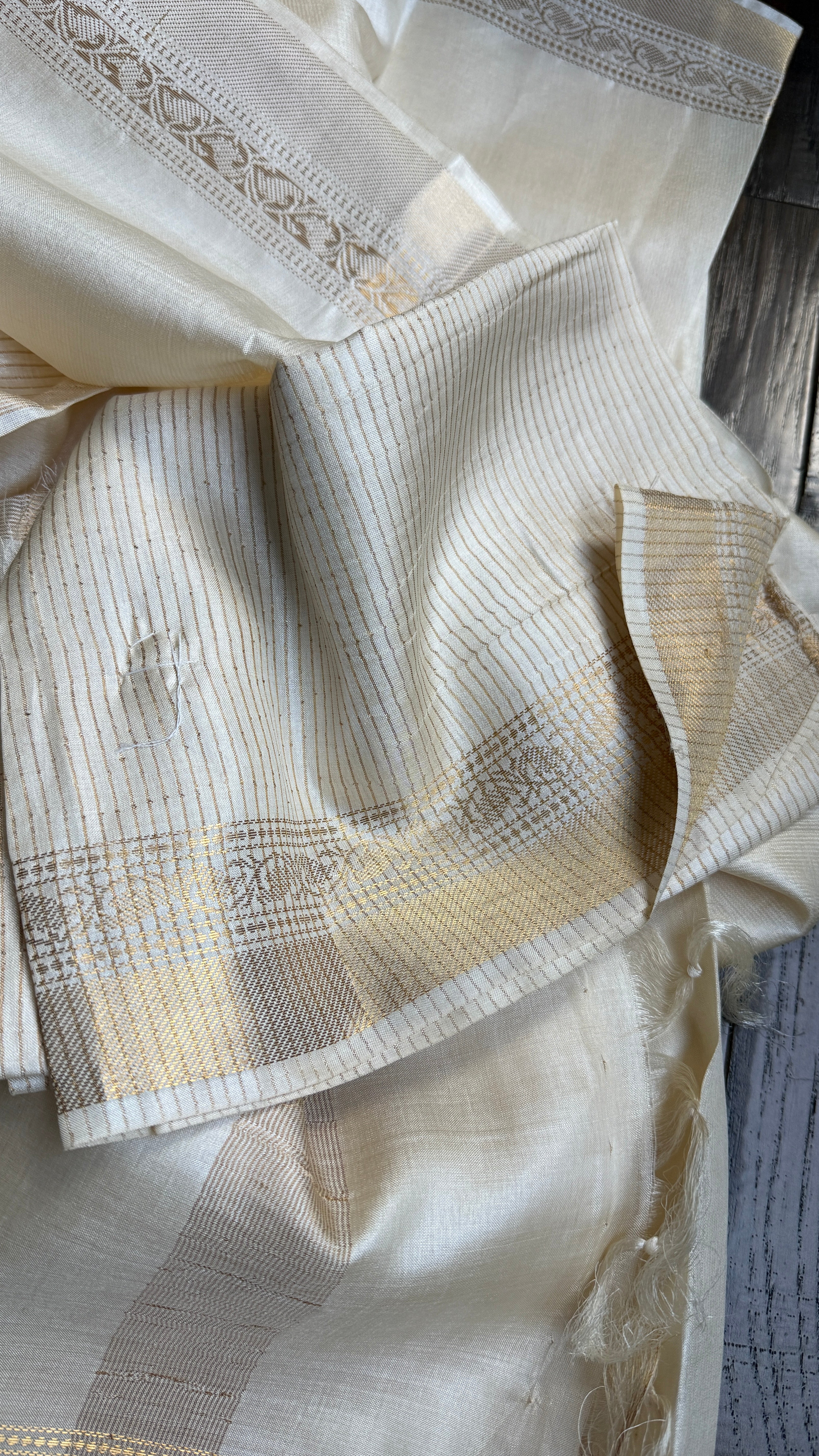 Pure Tussar Silk - Cream Beige Golden Zari Woven2