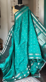 Pure Silk Gadwal - Teal Green Silver Zari